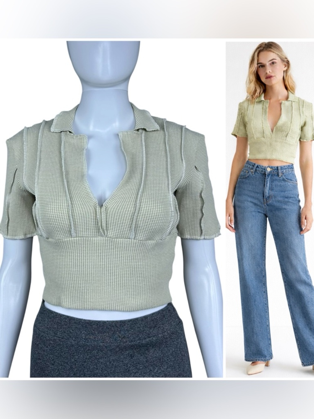 Helena Manzano Polo Waffle Textured Short Sleeve Top Size S Sage Green Stretch
